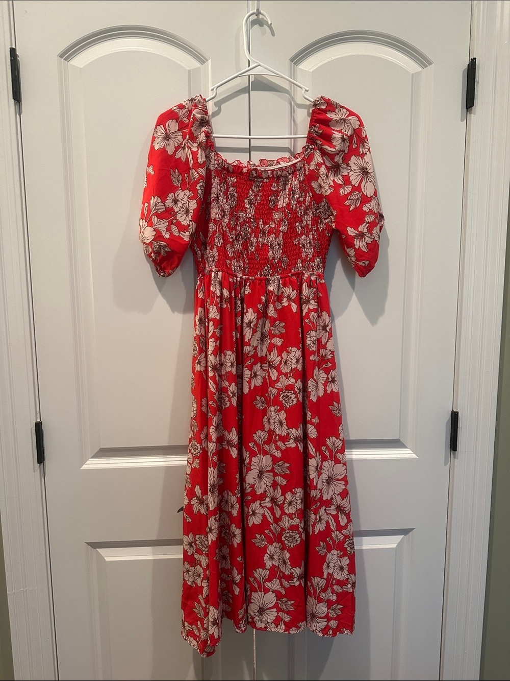 Red Floral Smocked Midi Dress - Women